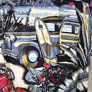 Surfboard Woodie Wagon Hawaiian Shirt Mens Size L Beach Coastal Cruise Tropical